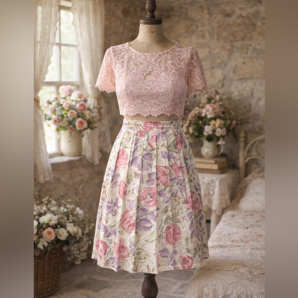Vintage 1980s Toni Garment For C.C Magic, Pastel, Floral, Pleated, Skirt